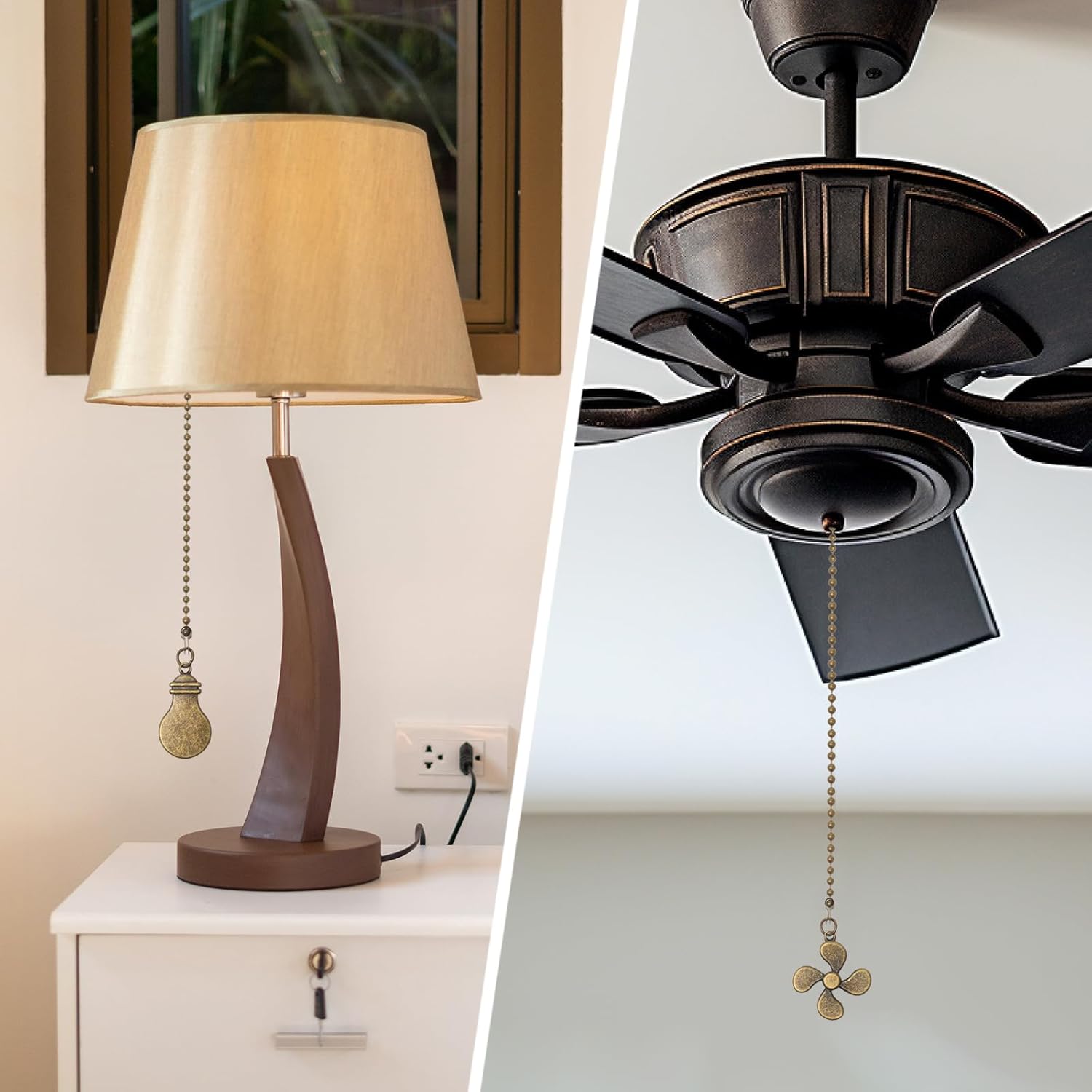 2 Pack Ceiling Fan Pull Chain Extender, 12 Inch Ceiling Fan Chain Pulls, Fan Pull Chain Extension with Fan and Bulb Ornaments, Pull Chains for Ceiling Fans and Lights, Bronze