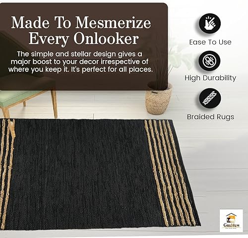 Miniatura 3 de GRUHUM Alfombra rectangular de yute de 2 pies 6 x 4 pies, de fibra natural, tejida a mano, estilo bohemio, rural, trenzado, rústico, vintage,