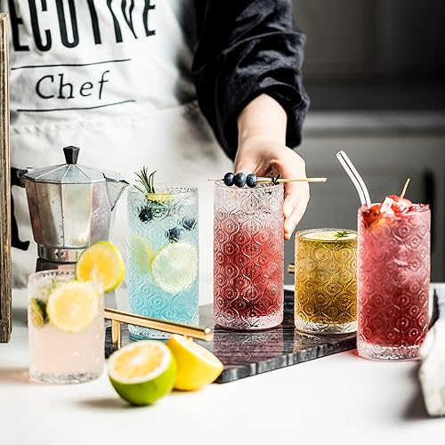 Miniatura 4 de Juego de 4 vasos de vidrio vintage, vasos para beber de 12.5 onzas, estilo estampado en relieve, juego de vasos de cóctel transparentes, para café