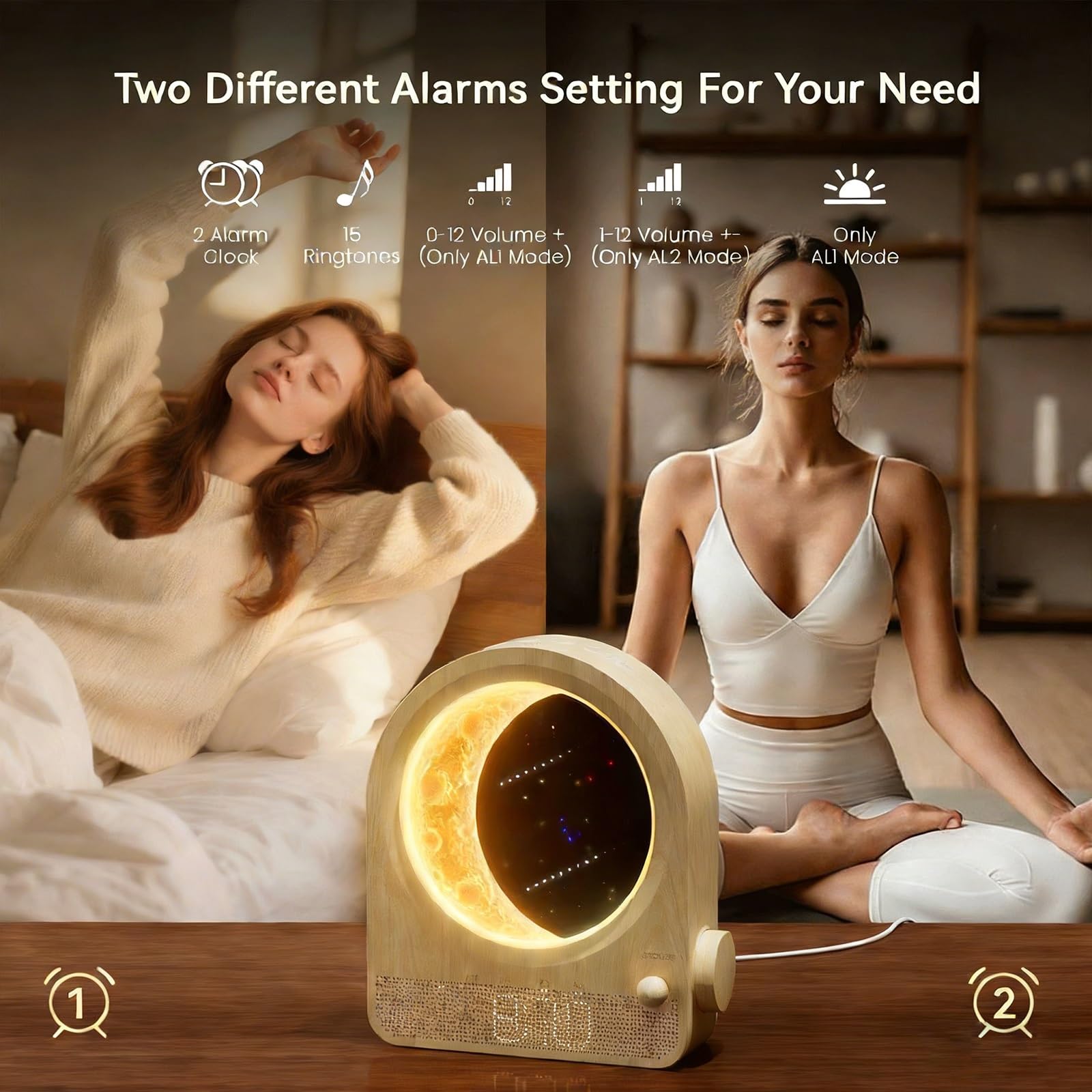 Despertador con Luz De Amanecer, Simulación Suave Del Amanecer y Atenuación Del Atardecer, 8 Sonidos Naturales De Ruido Blanco, Función De Repetición para Relajarse(Wood grain)