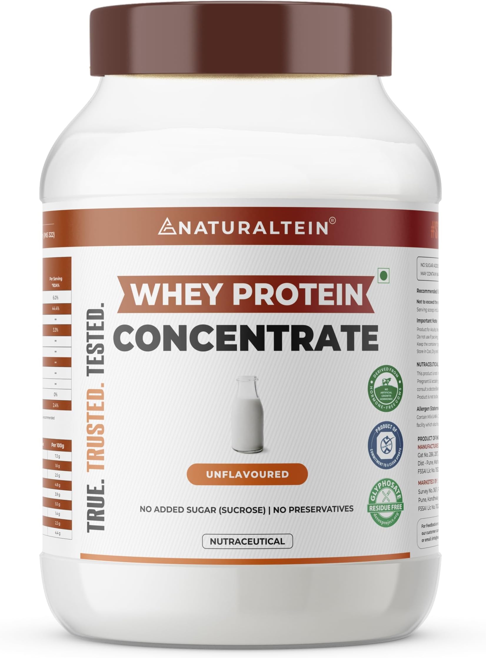 Natural Whey Protein Concentrate Unflavoured - 1 kg (Naturally flavored, Non GMO, No Artificial Sweeteners)