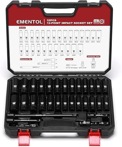 EMENTOL Juego de 32 llaves de vaso de 12 pulgada, enchufes de impacto profundo, SAE (38"-1") y métricas (0.394-0.945 in), incluyendo barras de