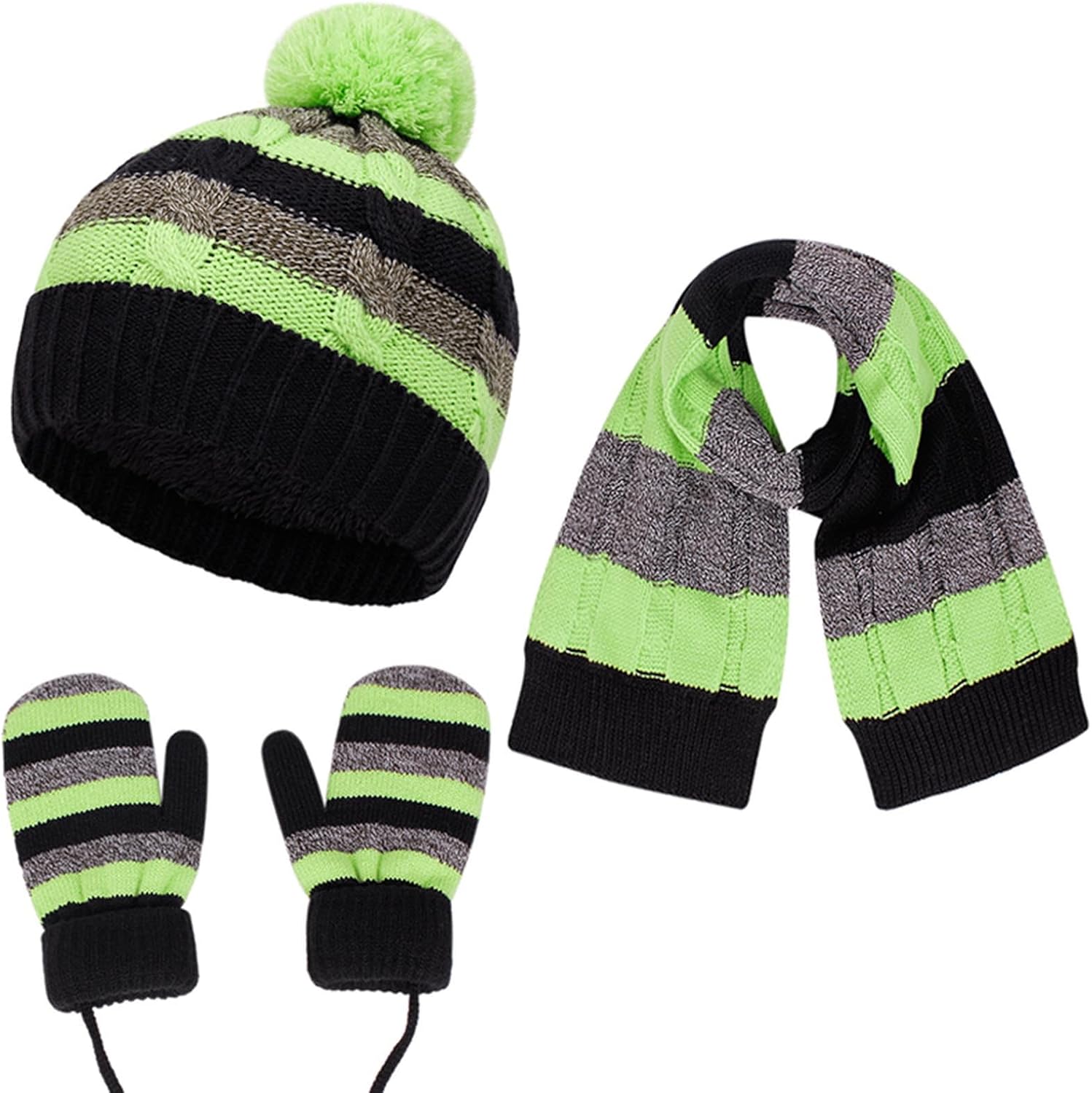 Kids Winter Knit Hat Scarf Mittens 3 Piece Cold Weather Set