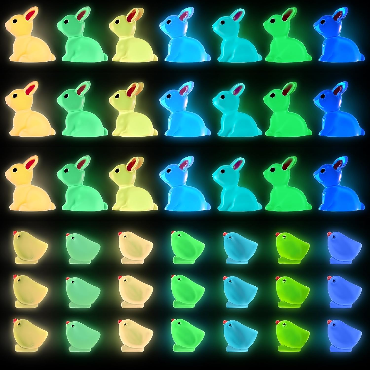 Seeiuua 84Pcs Easter Egg Fillers Essentials Luminous Mini Resin Bunny，Glow in the Dark Easter Basket Stuffers Decor Party Favors Supplies, Hunt Game Prizes