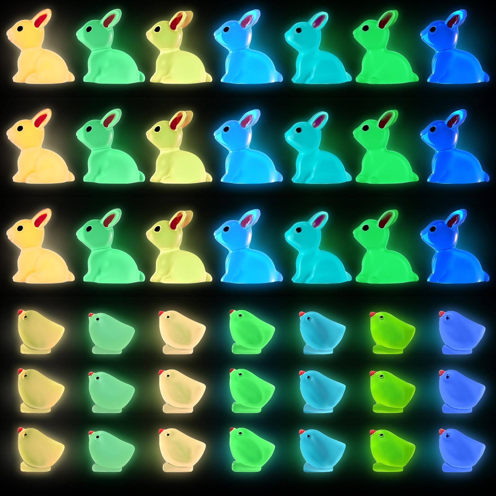 Seeiuua 84Pcs Easter Egg Fillers Essentials Luminous Mini Resin Bunny，Glow in the Dark Easter Basket Stuffers Decor Party Favors Supplies, Hunt Game