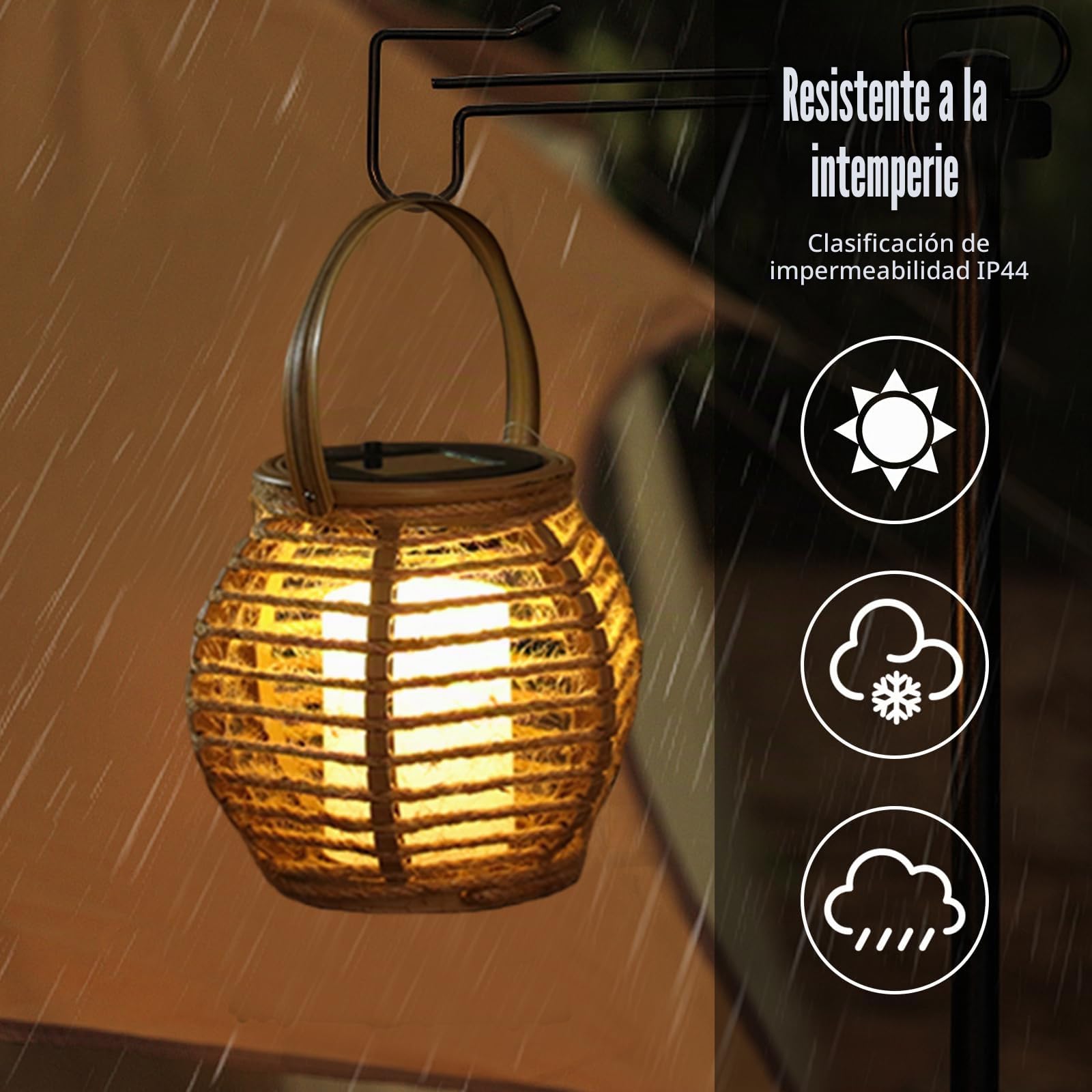 Farol Solar Exterior 2 Uds, Farolillo Mesa Jardín IP44, Luz Cálida | Cuerda Cáñamo | 3000K Cálido | Crepúsculo Auto | PP Trenzado | φ15.5 × 15.5cm