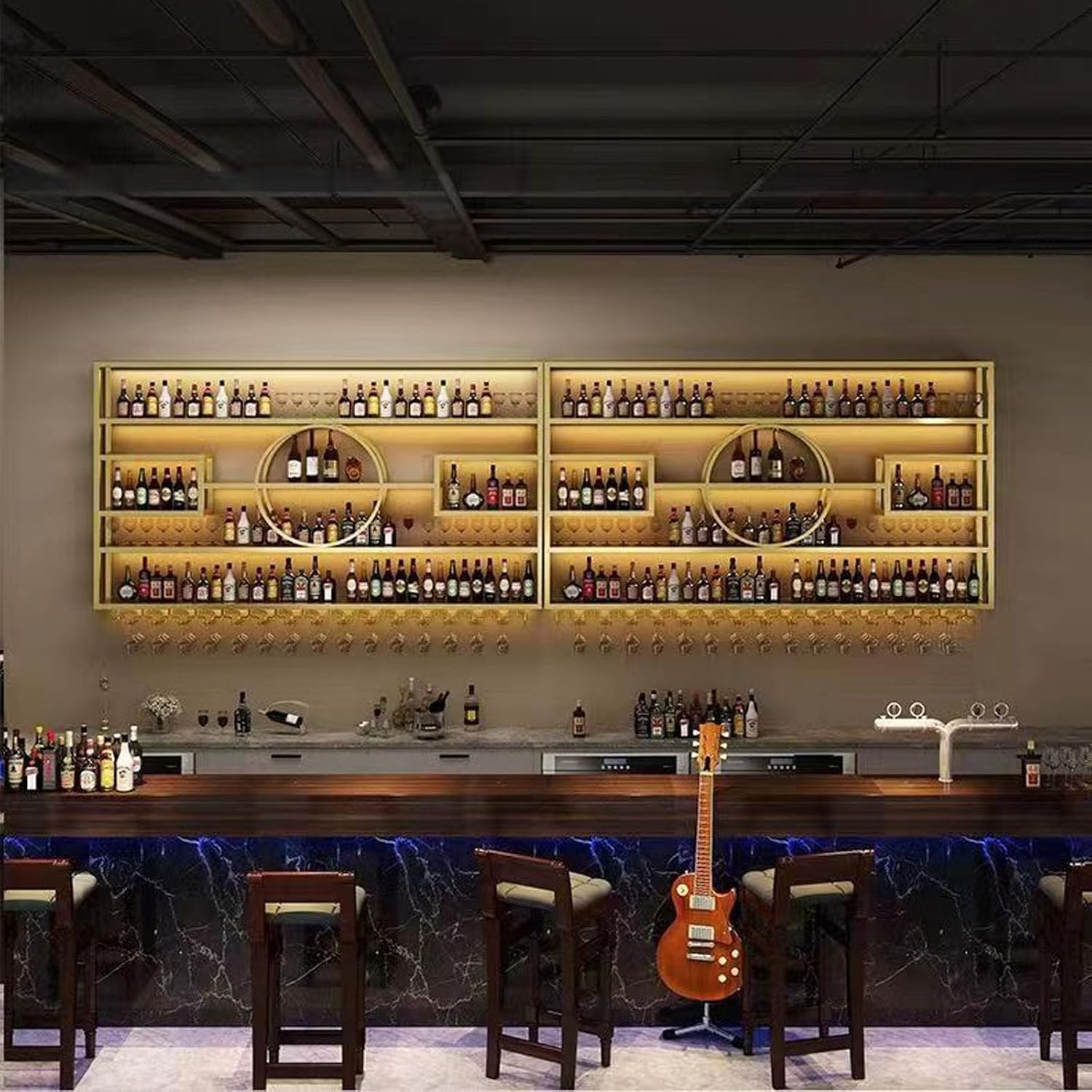47" Metal Wine Rack Wall Mounted, Modern Wood Bar Shelves Wall Mounted with Glass Holder, Multi Functional Bar Shelves for Liquor Bottles for Home Bar & Dining Room(Gold, 51" Height)
