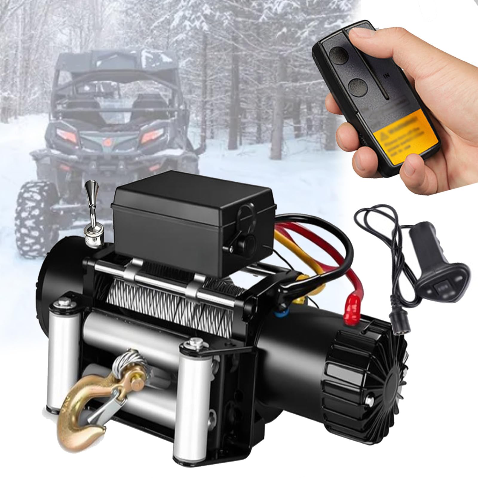 Elektrische Seilwinde 12V/24V für SUV, ATV, UTV und LKW (3000/3500/4000/4500/6000 lbs) mit Stahlseil, inklusive Funk-/Handfernbedienung und Seilrollenführung 3000LBS
