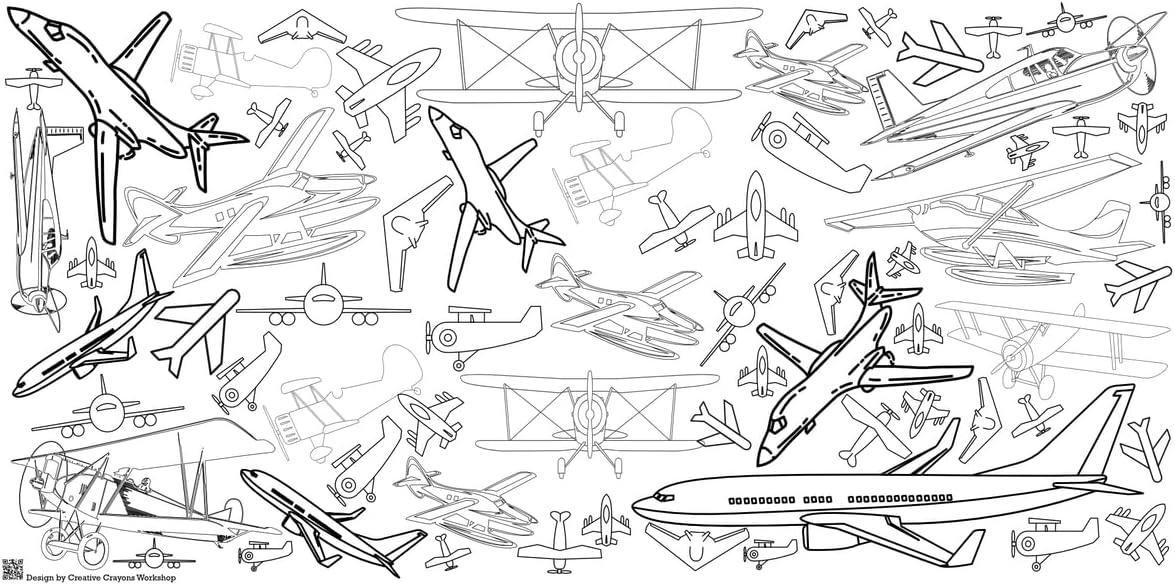 Creative Crayons Workshop - Airplane Coloring Tablecloth | Huge 3' x 6' Personalized Banner or Poster for Kids | Airplane Party Decor, Table Cover, or Activity Sheet | Made in USA
