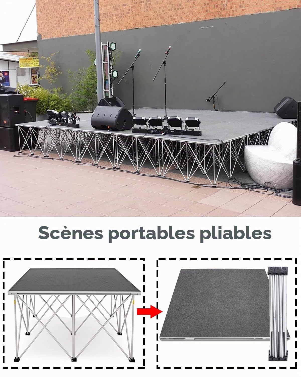 Plateforme de scène portable avec rehausseur, système de scène modulaire connectable pour événements, 0,9 x 0,9 / 1,2 x 1,2 m, idéal pour les auditoriums scolaires, design durable