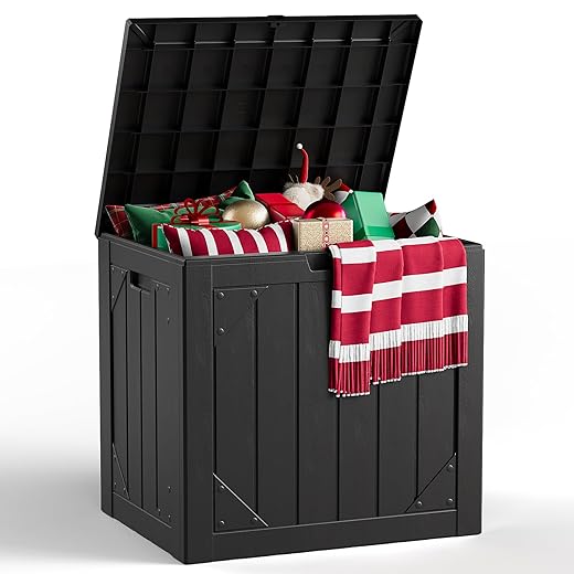 Outdoor Storage Box,30 Gallon Deck Box Outdoor Storage Bench Outside Waterproof Resin Storage Bench, Lockable Patio Cushions, Garden Tools Storage For Furniture, UV Resistant(Black)