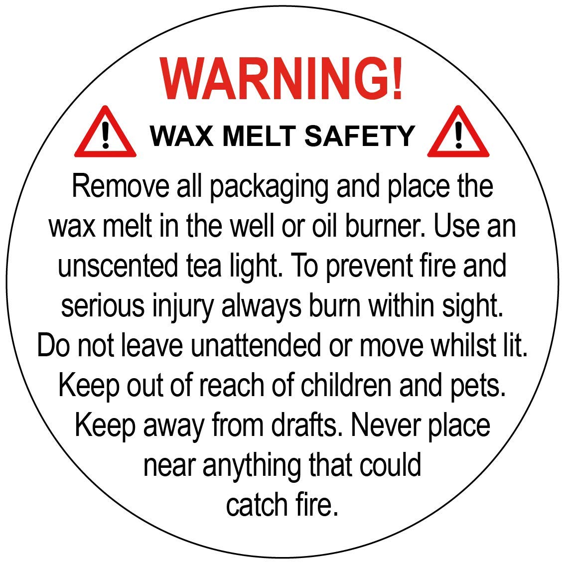 Warning Candle Safety/Warning Wax Melt Safety Stickers/Labels - 5 Sizes to Choose from (Pack Size 2,000 Stickers on Rolls, 35mm Wax Melt)