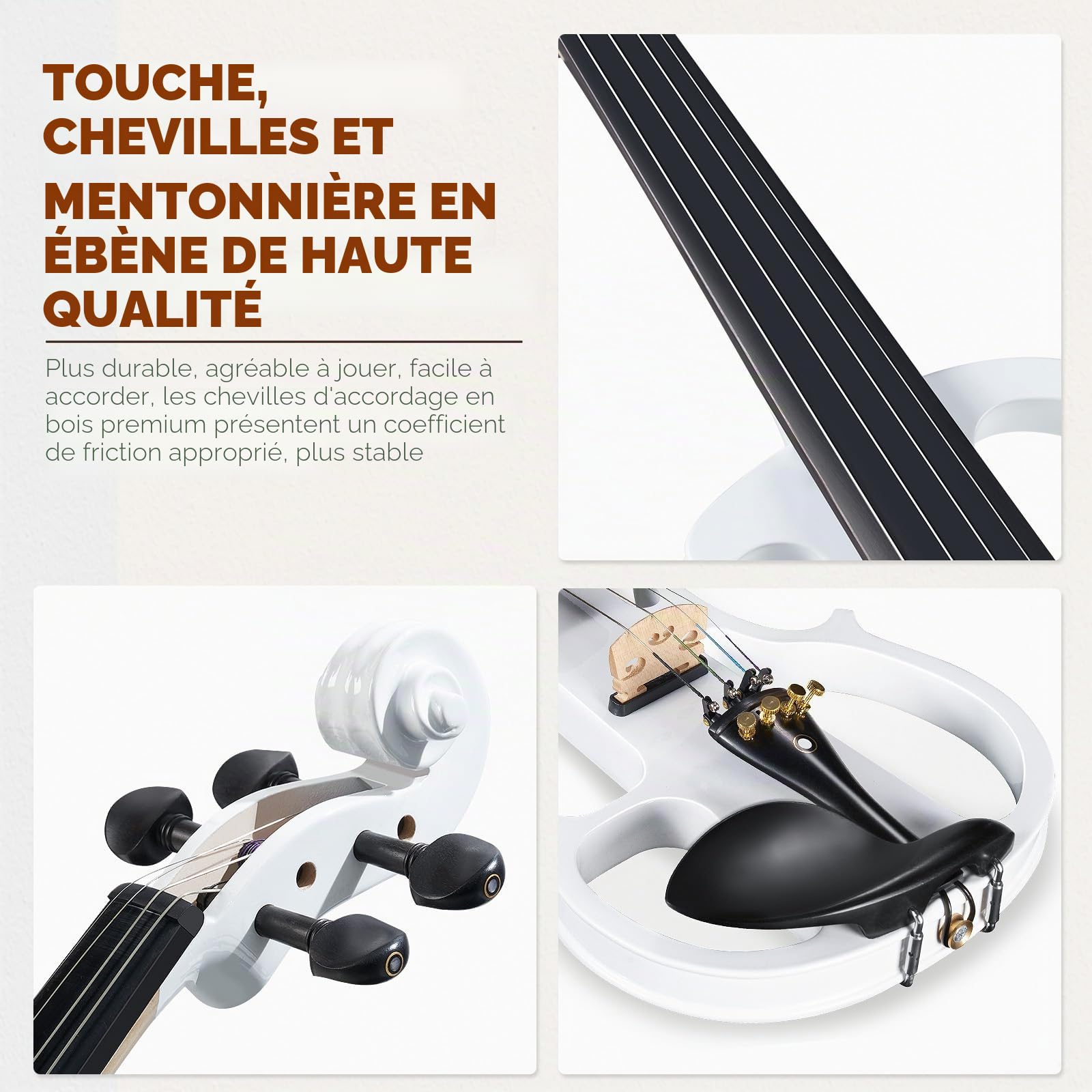 Vangoa Violon Électrique 4/4 Pratique Silencieuse Violon Pleine Grandeur pour Débutants Étudiants Adultes Adolescents avec Kits de Démarrage, Blanc