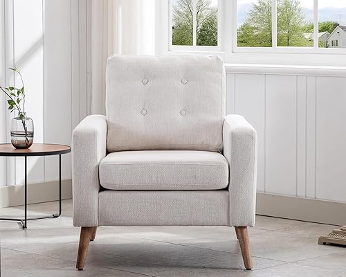 HNY Sillón moderno de mediados de siglo, silla decorativa de lino con botones y brazo, silla tapizada para sala de estar, dormitorio, patas de
