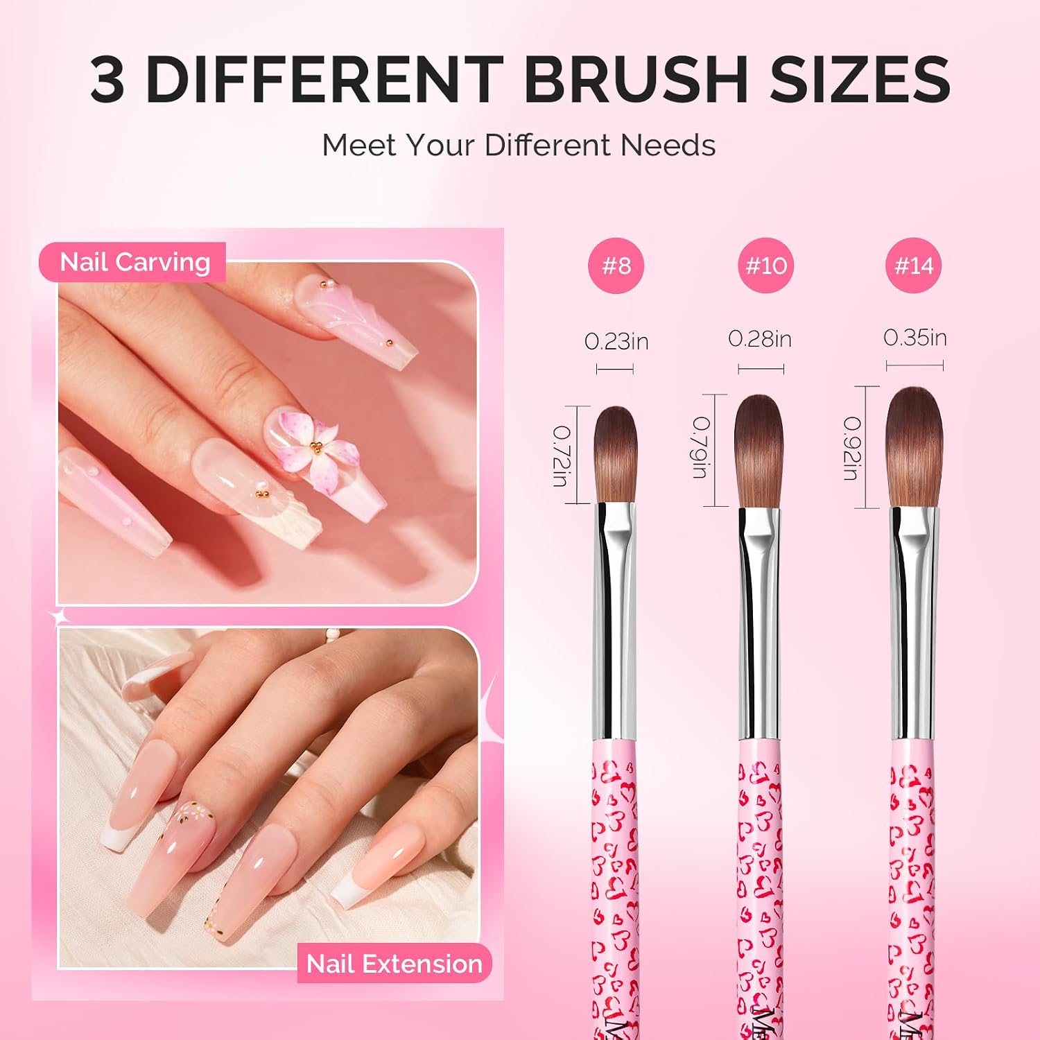MelodySusie 3-Piece Acrylic Nail Brush Set - Sizes 8/10/14, Professional Nail Art Tool for Acrylic Application, Powder, Extension & 3D Carving - Pink