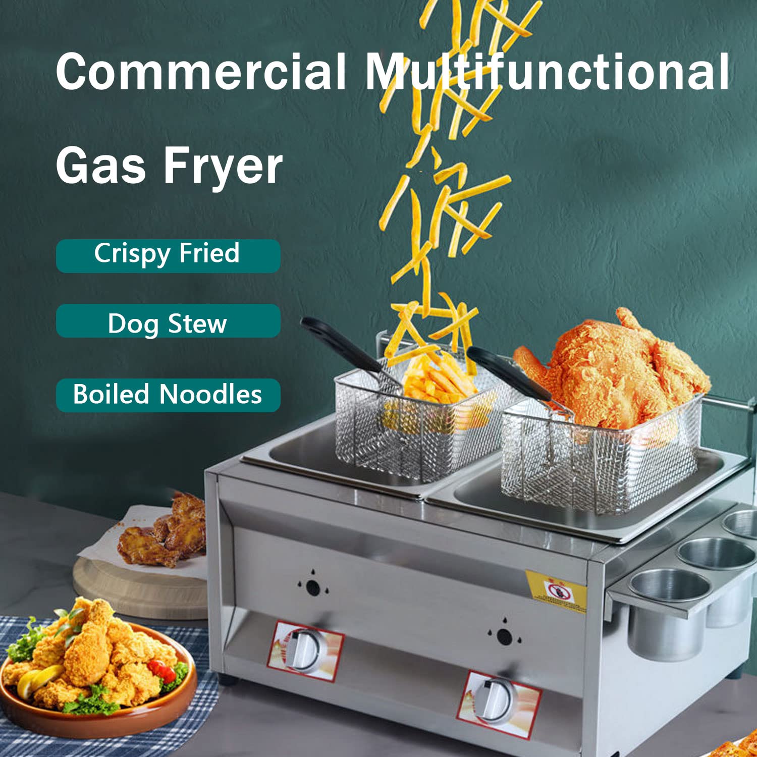 Friggitrice professionale a gas GPL in acciaio inox con cestello da 10 l x 2 e coperchio per patatine fritte, ideale per uso domestico e ristorante
