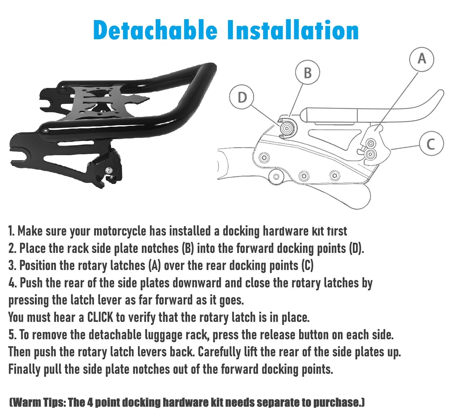 Abnehmbarer Gepäckträger für Harley Touring Modelle 2009–2024, Schwarz