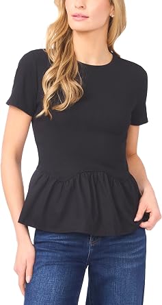 CeCe Womens Short Sleeve Crew Neck Poplin Hem Top