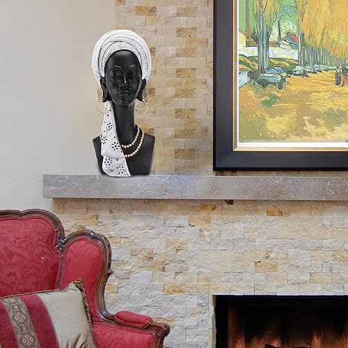 Miniatura 7 de BRASSTAR Resina africana busto negro estatua mujer negra llevaba turbante blanco 11.8 pulgadas (H) arte moderno sala de estar escritorio estantería