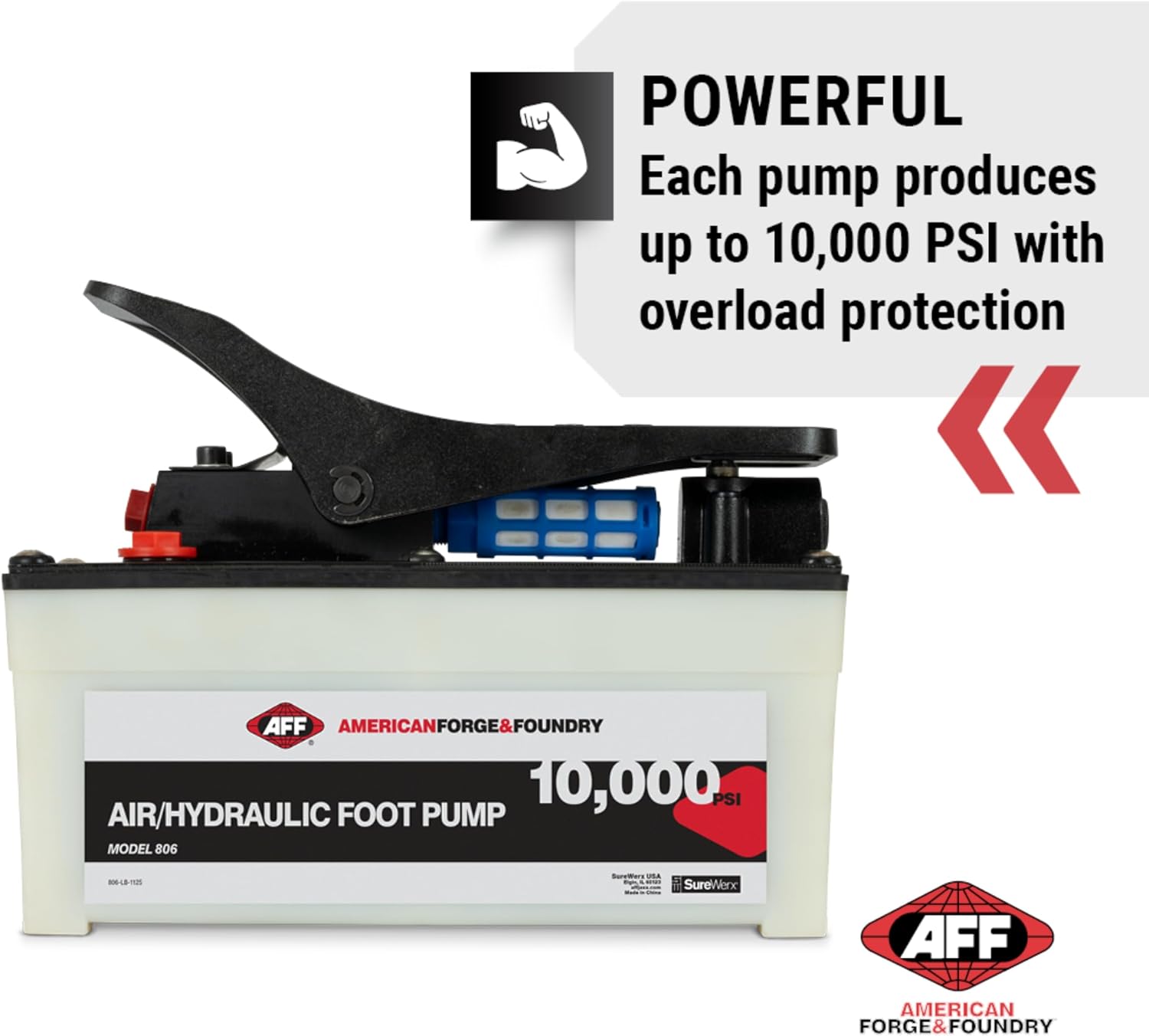 AFF Air/Hydraulic Foot Pedal Pump with Aluminum Reservoir, 10 Ton Capacity, 10,000 PSI, 806