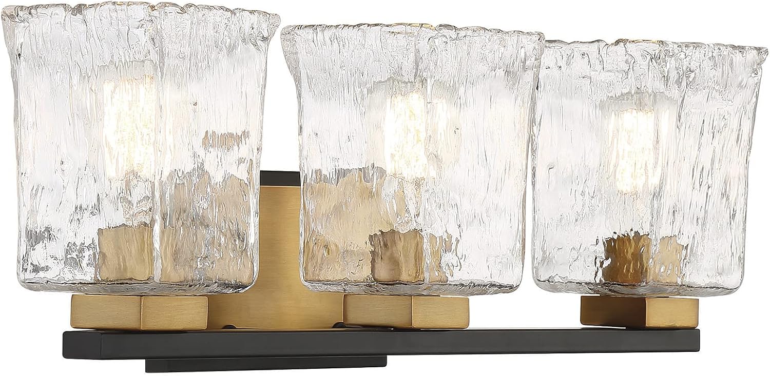 Savoy House 8-1720-3-143 Sidney Traditional Clear Water Piastra Glass Bathroom Vanity, 3-Light 180 Total Watts, 8" H x 23" W, Matte Black & Warm Brass