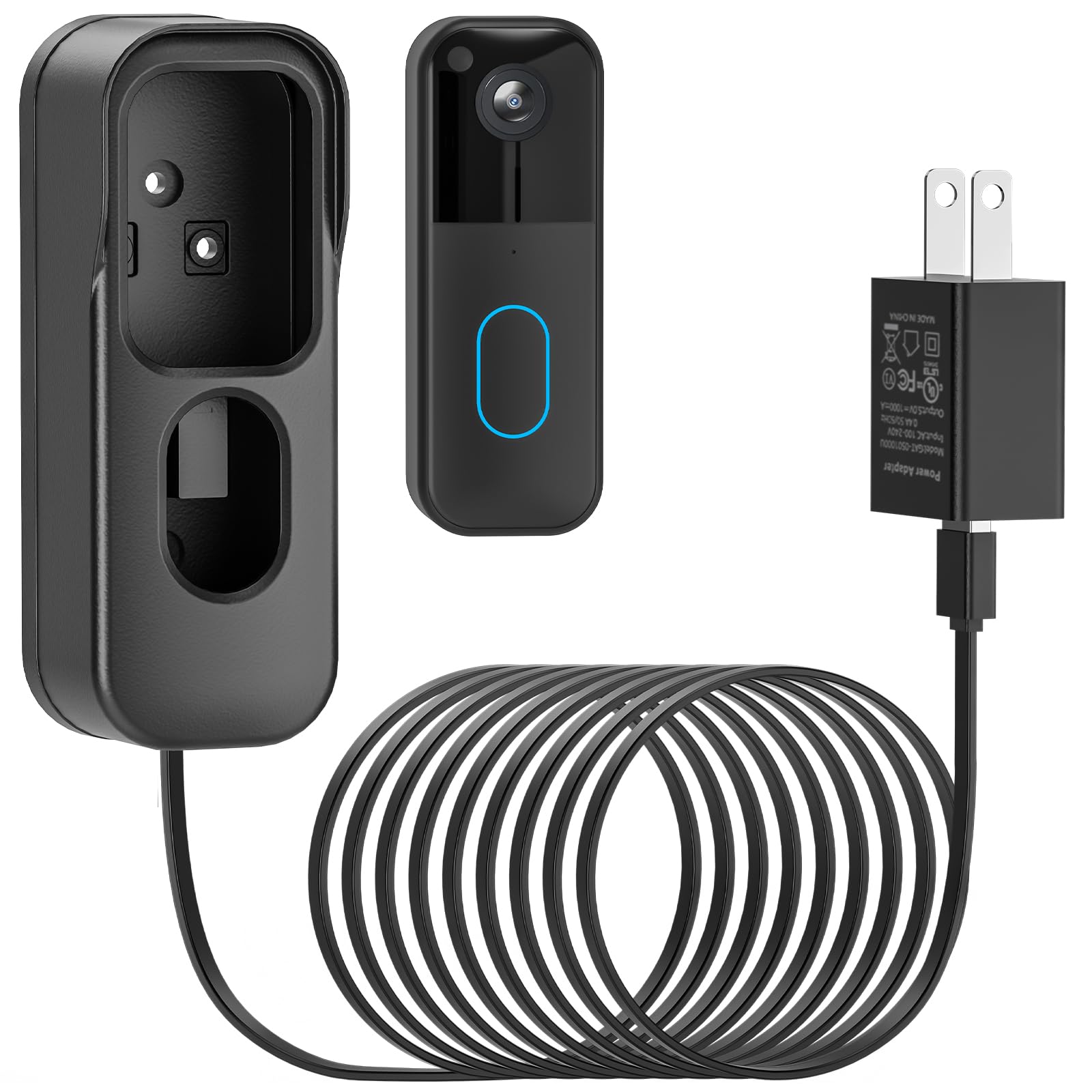 Câble de charge 2 en 1 avec adaptateur et support de sonnette adhésif sans perçage pour sonnette vidéo Blink (2e génération) - Version 2025, transformateur de sonnette avec cordon d'alimentation