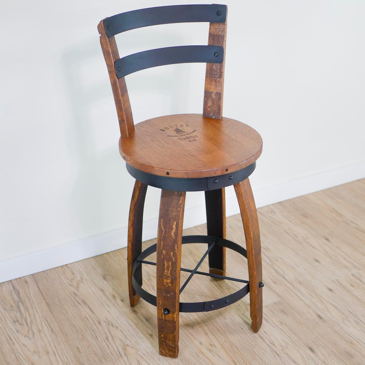 Swivel Top Bar Stool W/Backrest - Whiskey Wine Barrel Handcrafted Wine Barrel Furniture (24" Sit Height)
