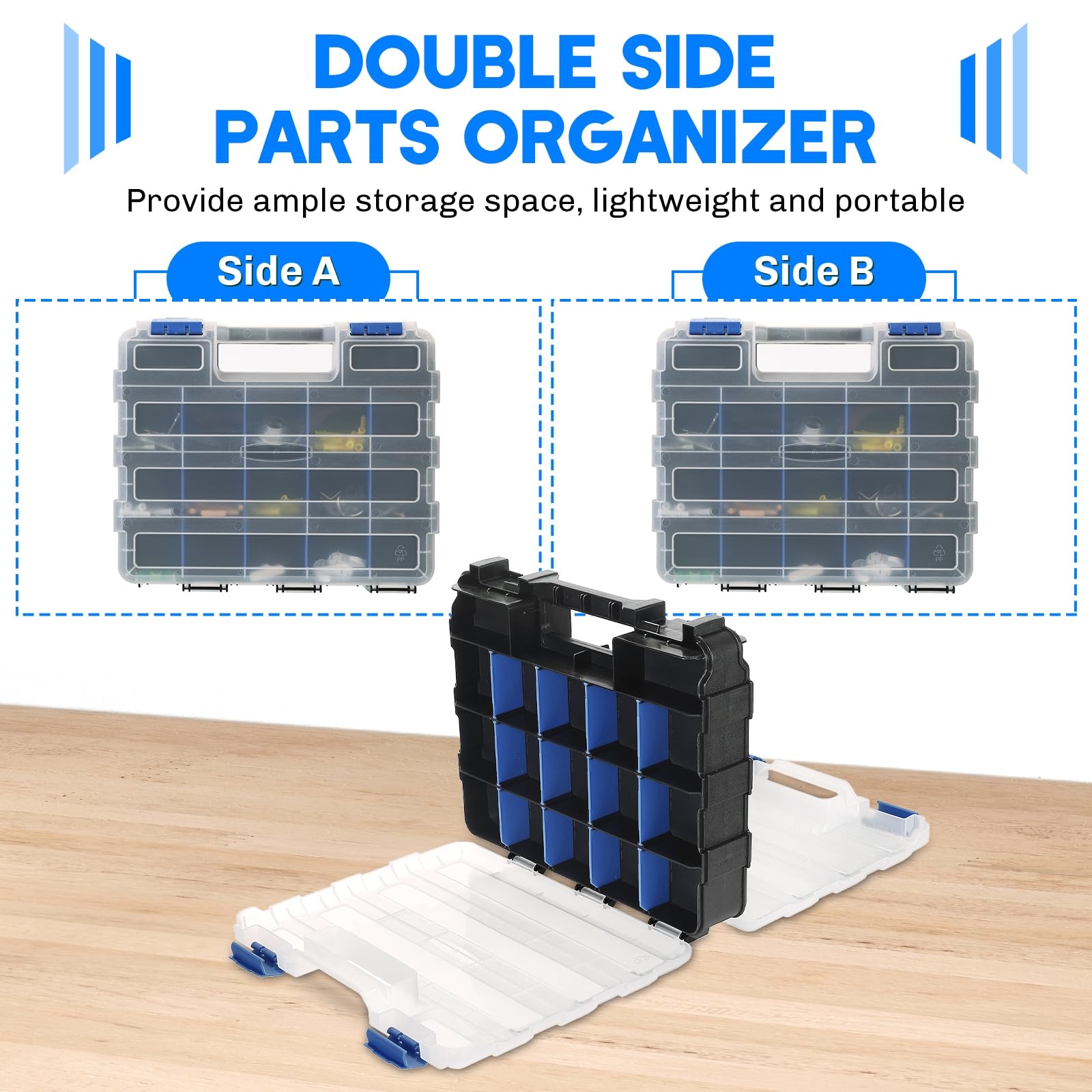 Organizer per piccole parti, scatola per attrezzi, 34 scomparti, a doppio lato, con divisori rimovibili per piccoli attrezzi, viti, bulloni, dadi, chiodi, perline (blu)