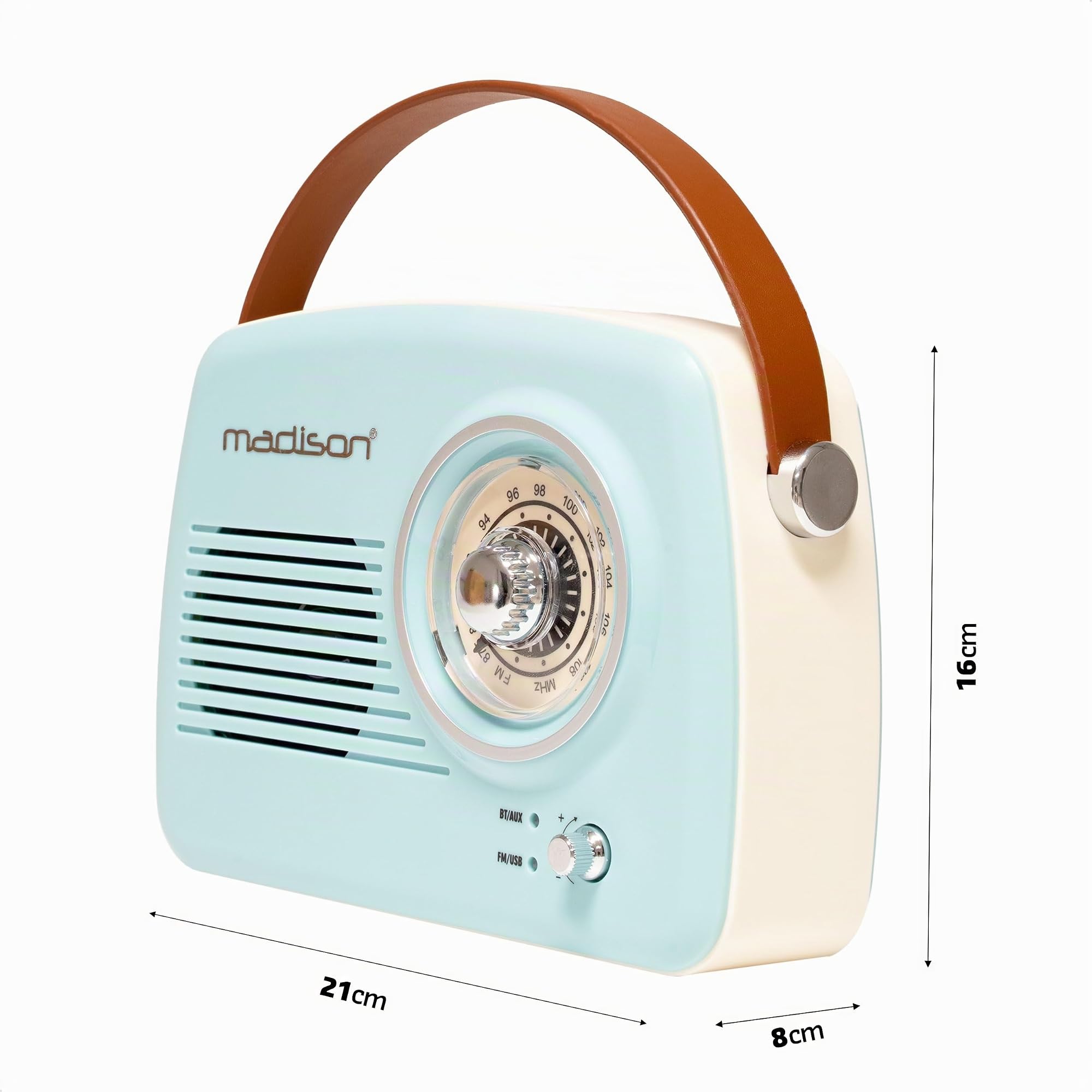 Madison FREESOUND-VR30 Radio FM Bluetooth vintage de 30 W – Batería recargable USB-C – Entradas USB y AUX – Subwoofer – Gran autonomía – Diseño retro portátil