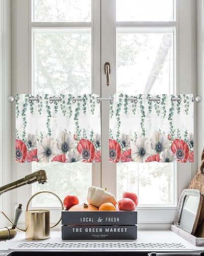 Miniatura 3 de Botanical Flower Sheer Curtains 24 Inch Length Light Filtering Curtain Panel for Windows, Farmhouse Eucalyptus Leaves Poppies Grommet Semi Sheer