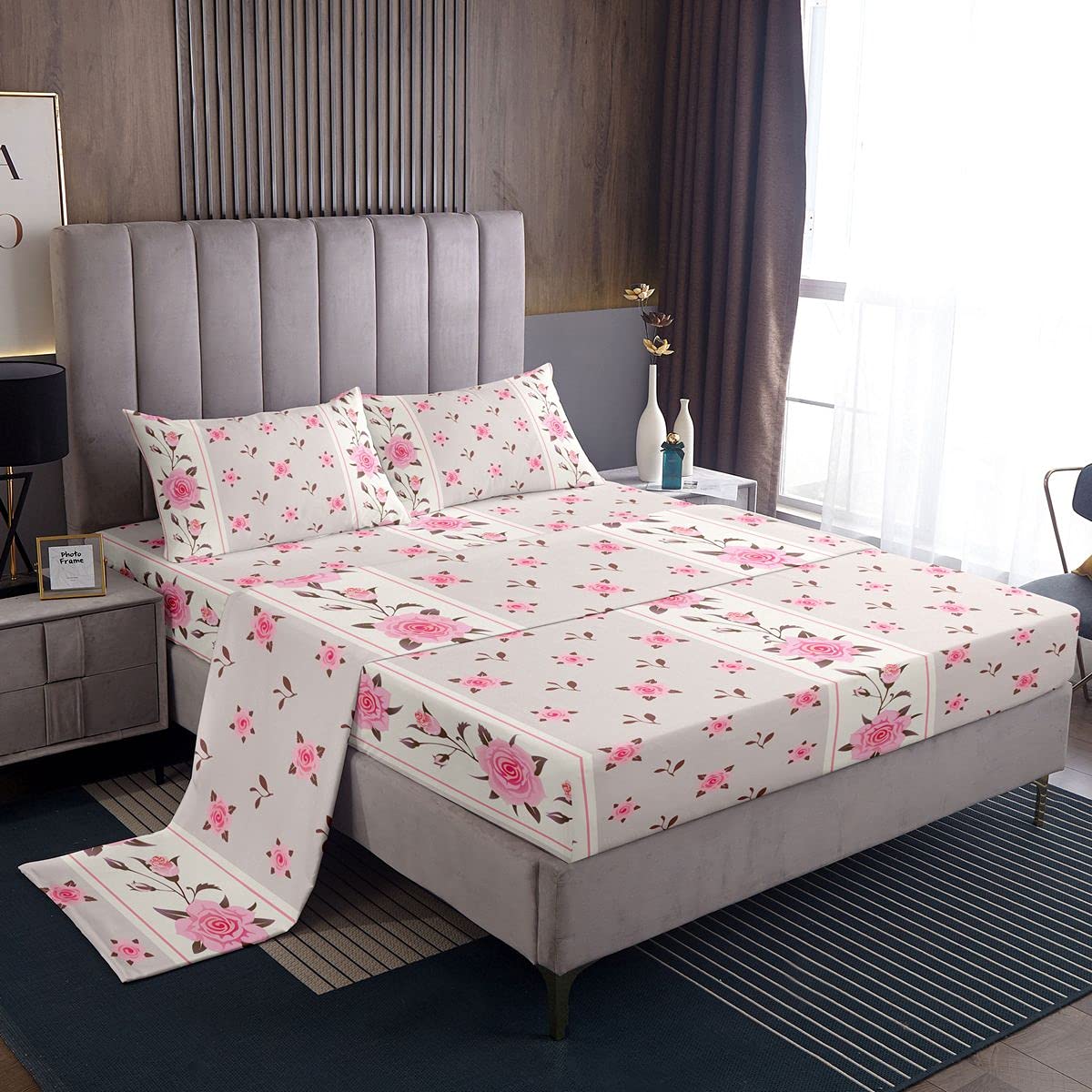 Parure de lit 4 pièces fleurs pour lit double ado fille et femme