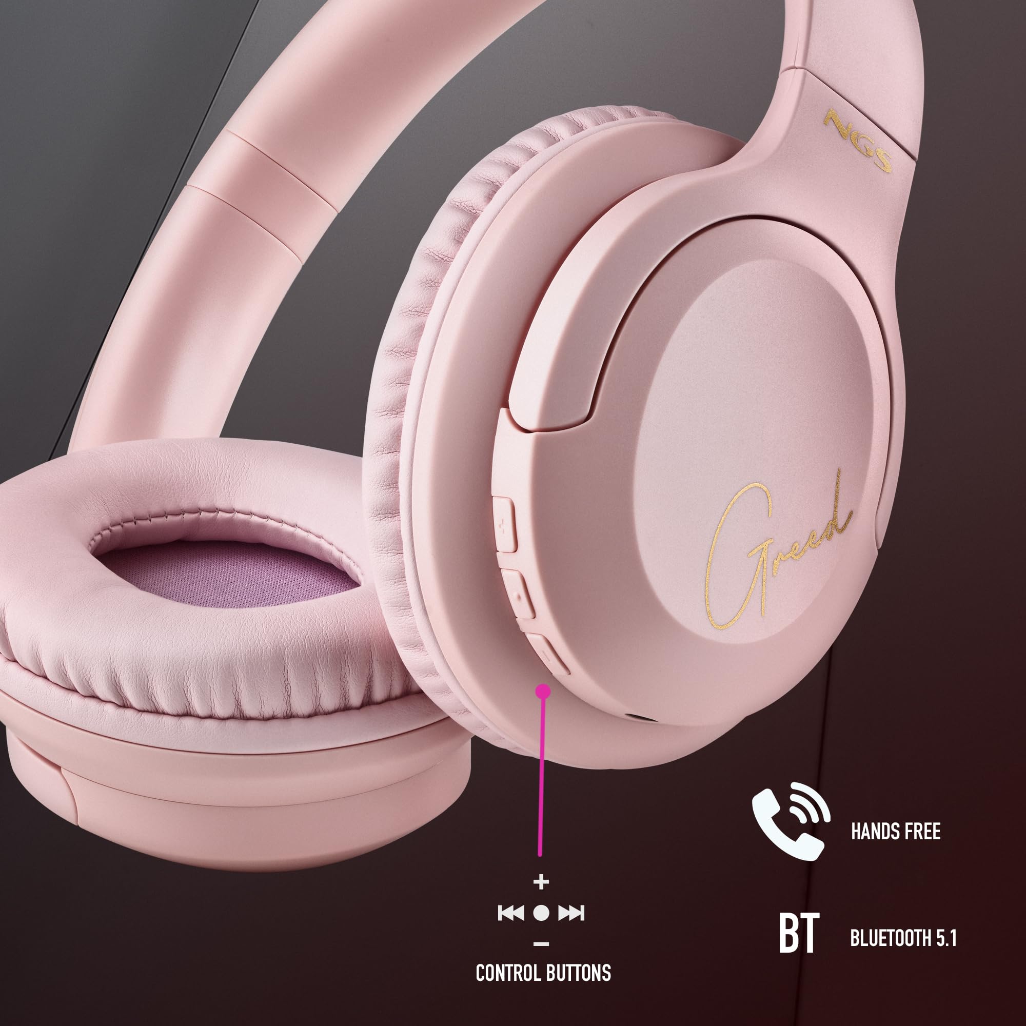 NGS Artica Greed Pink - Casque Supra-aural sans Fil, Compatible avec la Technologie Bluetooth, Léger et Pliable, Microphone Intégré, Batterie 40h, Couleur Rose