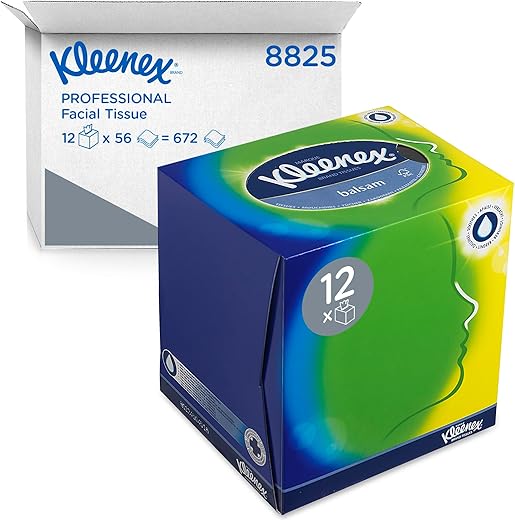 Kleenex Cubo Veline Facciali 8825, 3 veli, con balsamo protettivo alla calendula e aloe vera, 12 cartoni x 56 fogli (totale 672 fogli)