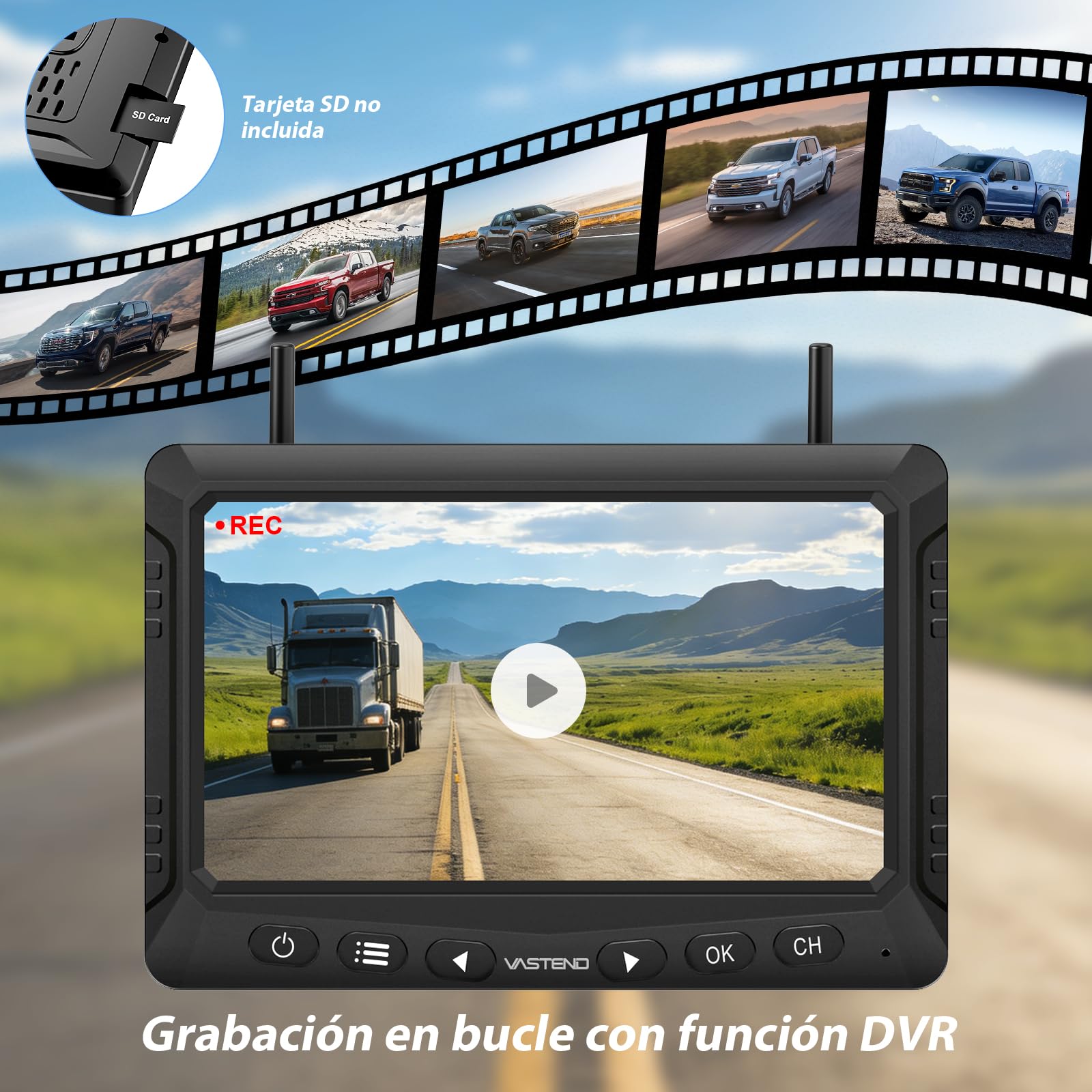 Cámara de Marcha Atrás Inalámbrica Solar con Monitor 7", Sistema de Visión Trasera Digital HD 1080P, Batería 10000mAh & Soporte Magnético, Impermeable IP69K para Autocaravana, Camión, Remolque