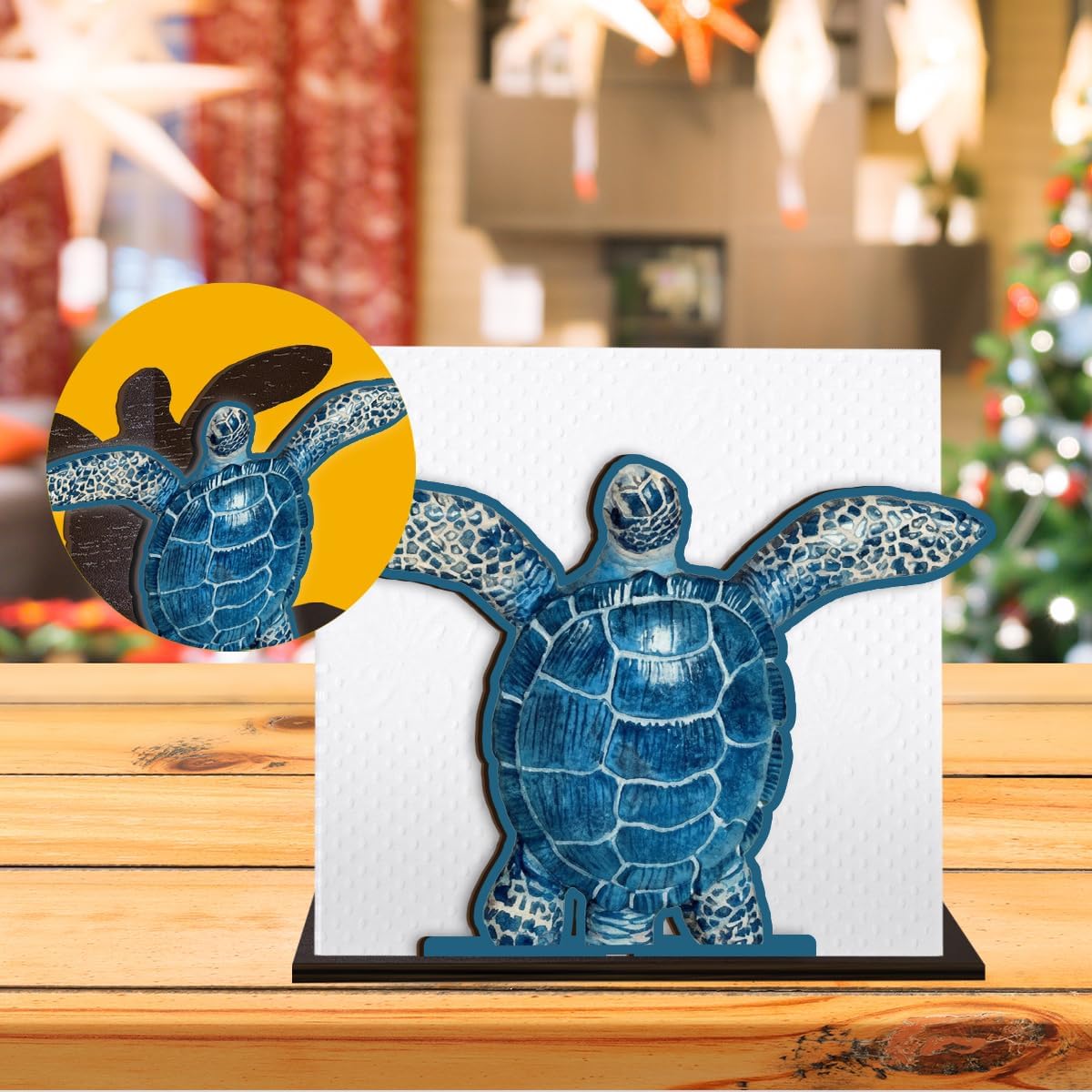 Sea Turtle Napkin Holder for Table - Wooden Coastal Decor - Ocean Theme Tissue Holder for Kitchen Dining Room Restaurant Tissue Dispenser
