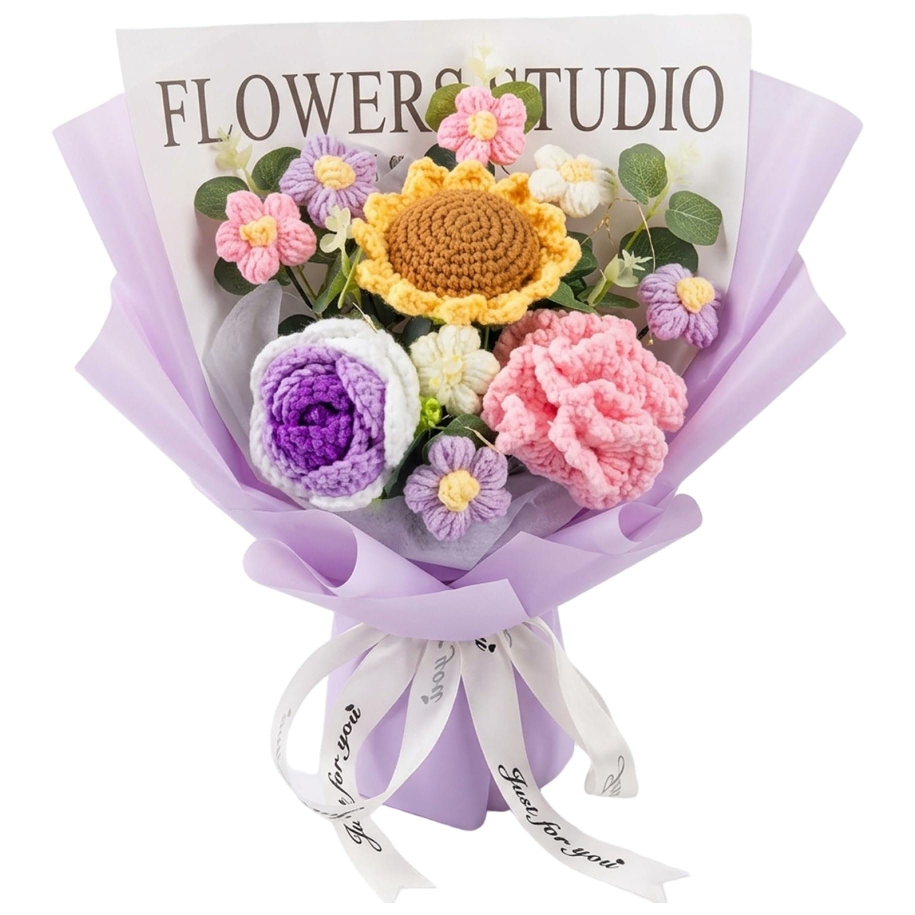 Ameble Crochet Flower Bouquet Knitted Roses & Tulips Long Lasting Bouquet of Crochet Flowers for Birthday Mother Teacher Home Decor Purple