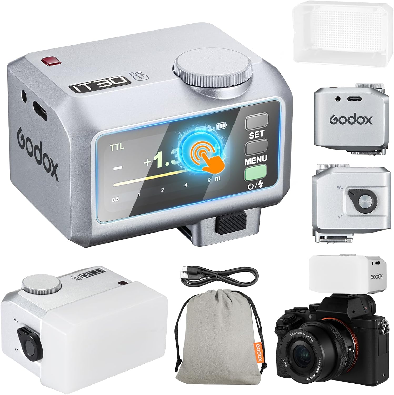Godox iT30Pro-F iT30Pro F Mini lampa błyskowa z białym dyfuzorem Speedlite560 Flash przy pełnym bezprzewodowym strumieniu głowy i odbiornika Ekran dotykowy 2,4G TTL do aparatu Fuji DSLR (srebrny)