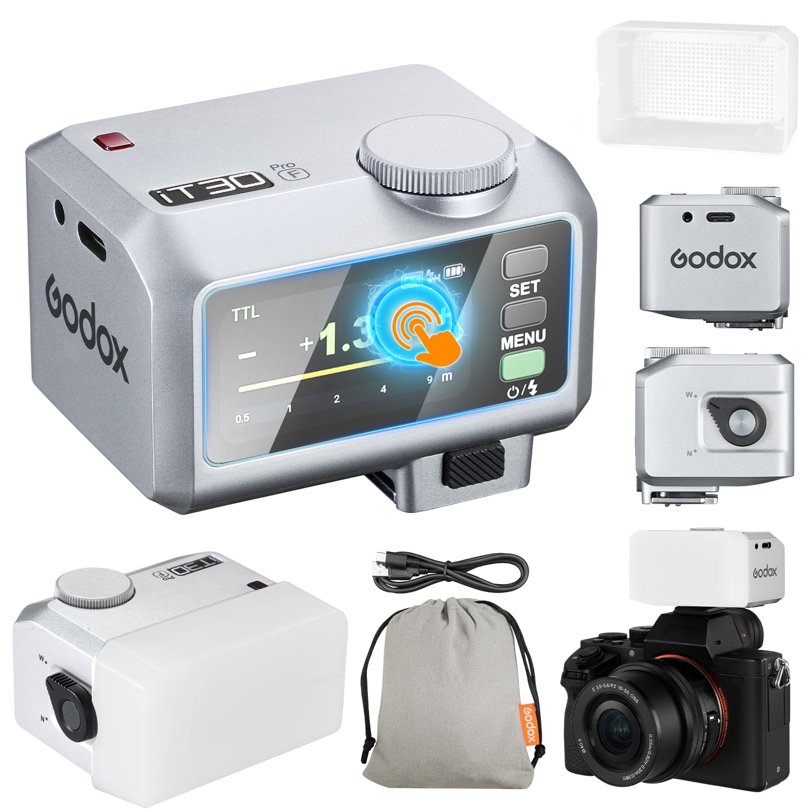 Godox iT30Pro-F iT30Pro F Mini KameraBlitz mit Weißem Diffusor Speedlite Camera Flash 560 Blitze bei Voller Wireless Master & Receiver Leistung 2.4G TTL Touchscreen für Fuji Kamera DSLR(Silber)