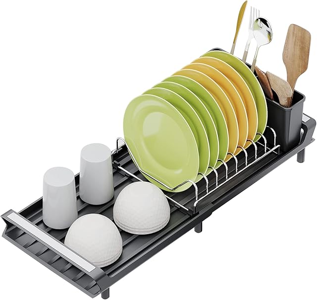 OROPY Expandable Dish Drainer, Small Compact Dish Drying Rack with Utensil Holder, Stainless Steel Space-saving Sink Drainer with Sloping Drainboard and Non-slip Feet ( Black )
