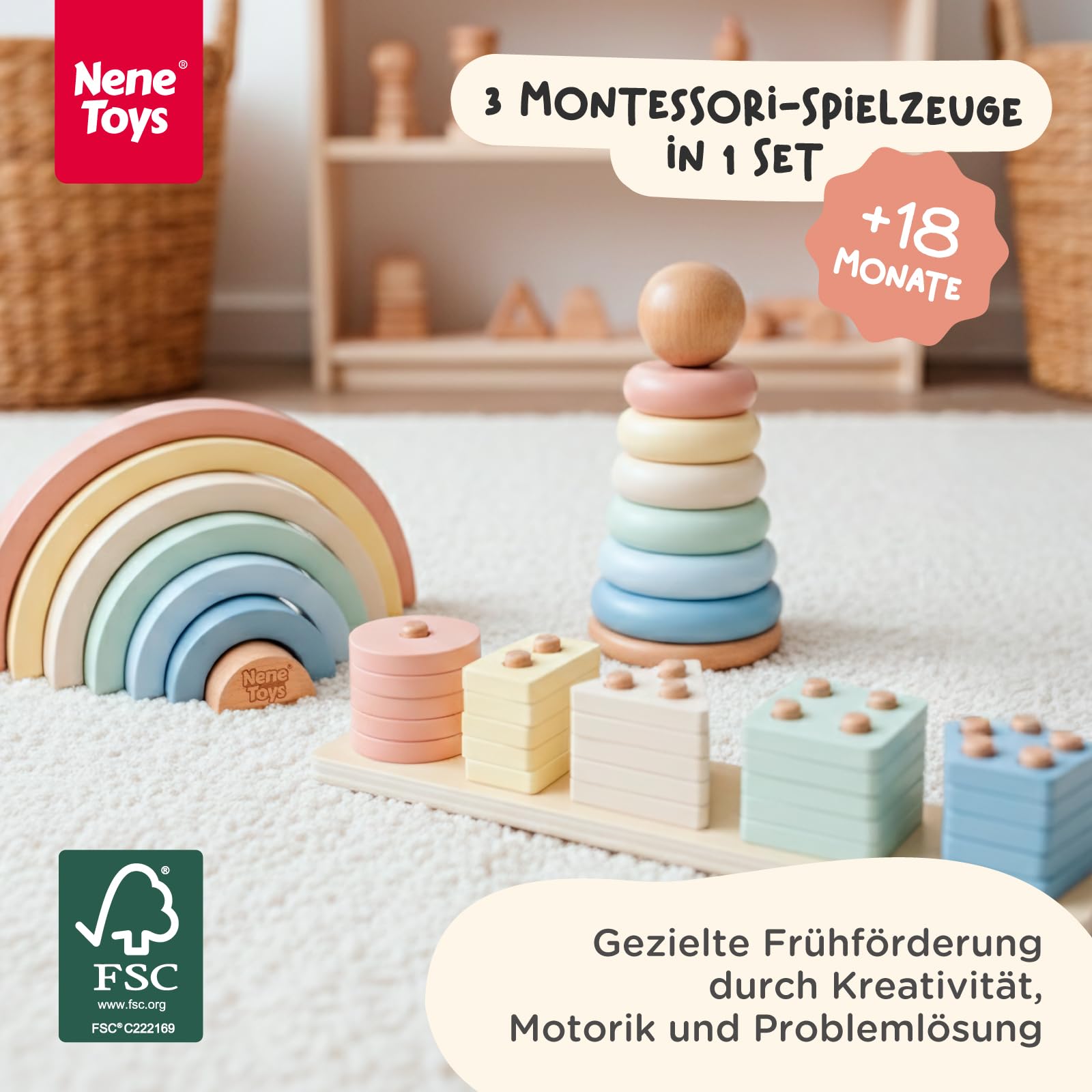 Nene Toys Montessori Holzspielzeug ab 1 Jahr – FSC 3-in-1 Regenbogen, Stapelturm & Sortier-Steckspiel – Motorikspielzeug Kleinkinder 1–3 Jahre – Lernspielzeug Geschenk Jungen Mädchen – Pastellfarben