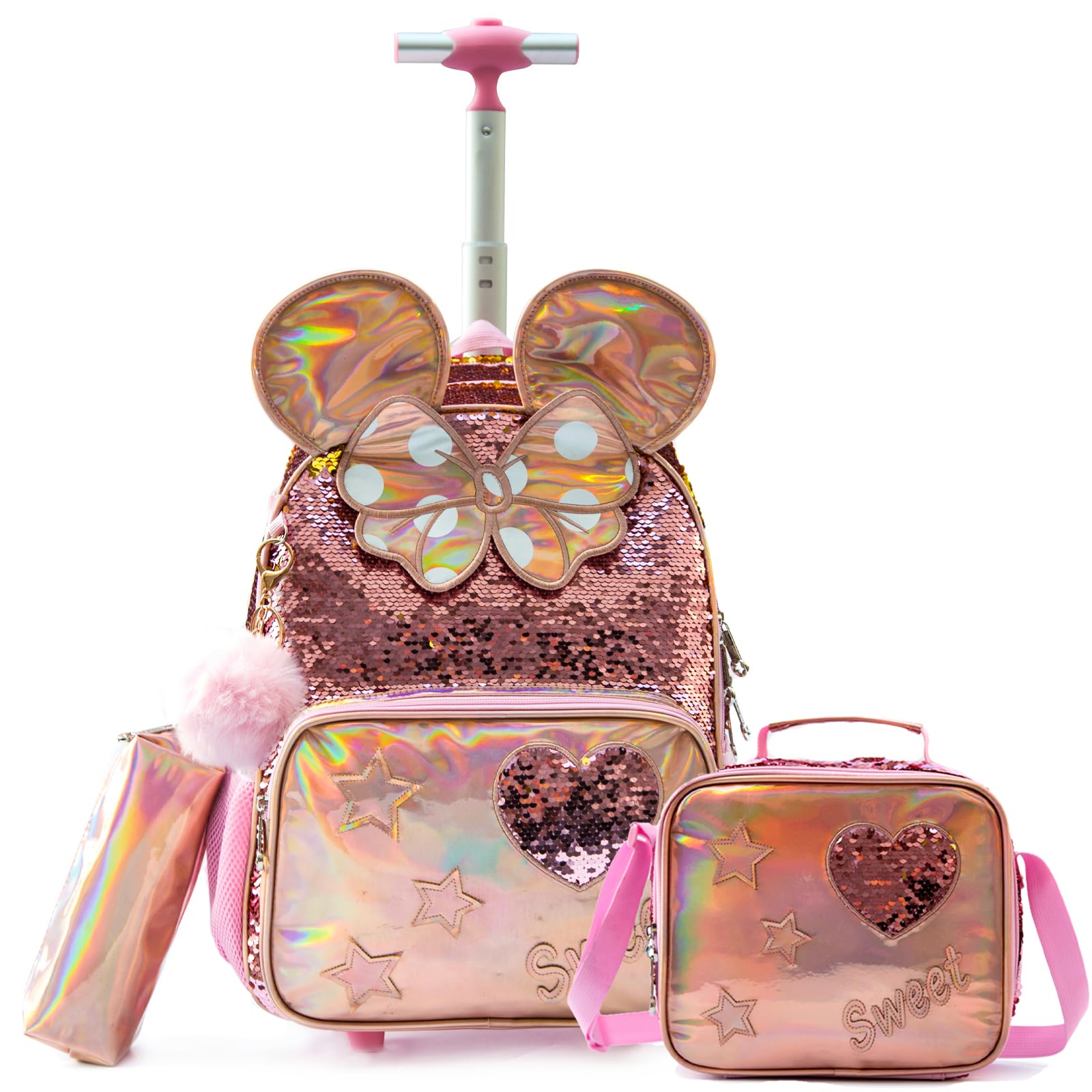 Sac a Dos Grandes Oreilles Enfant Roulette Fille Primaire Valise École Maternelle Sacs à D'école pour Voyage Cabine de Bagages 3PCS Ensemble Grand Cartable Étudiant Simple Perles Champagne
