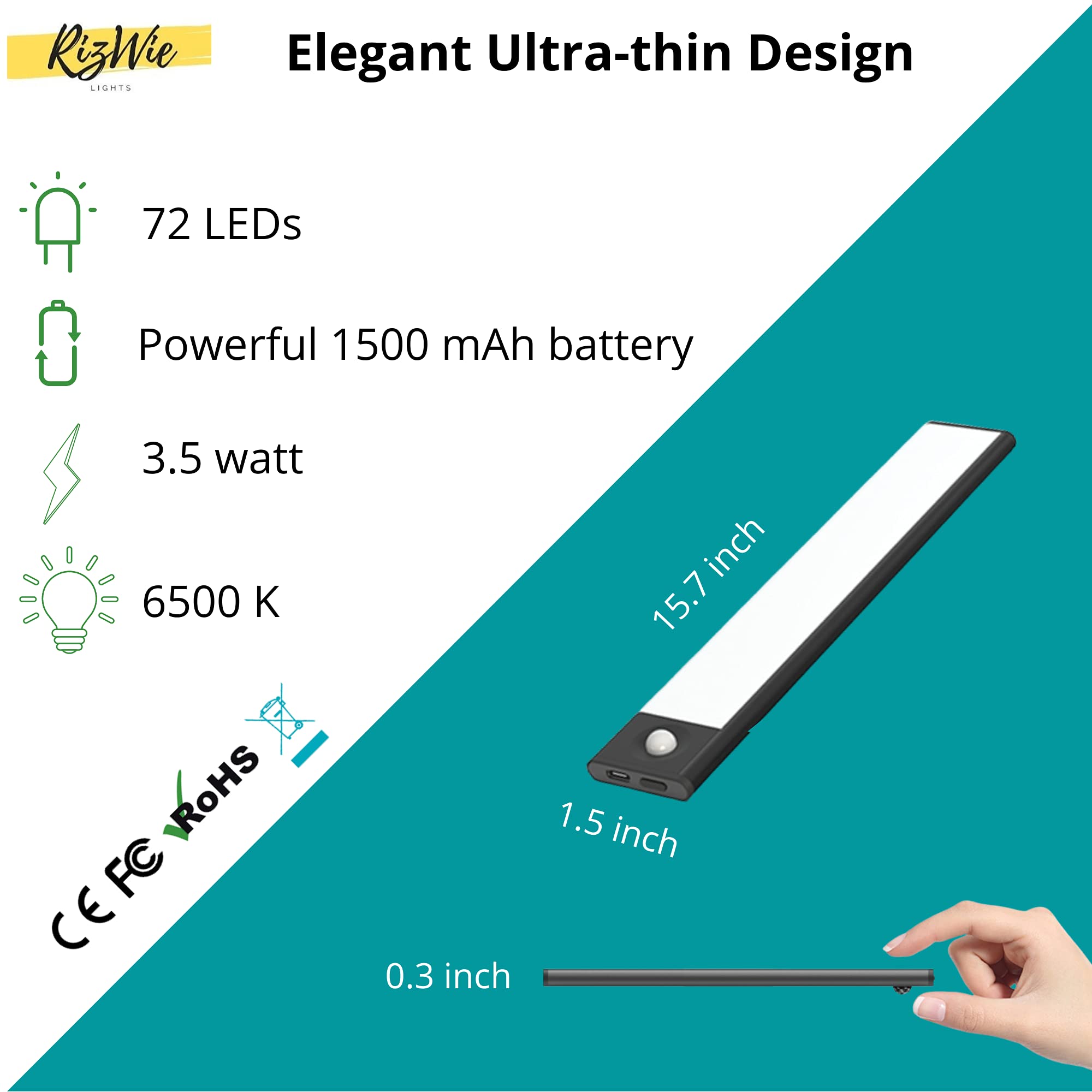 Luz LED magnética inteligente inalámbrica regulable de 15.7 pulgadas, 72 LED, ultrafina, 3.5 vatios, 2200 mAh USB-C recargable rápida y portátil 4