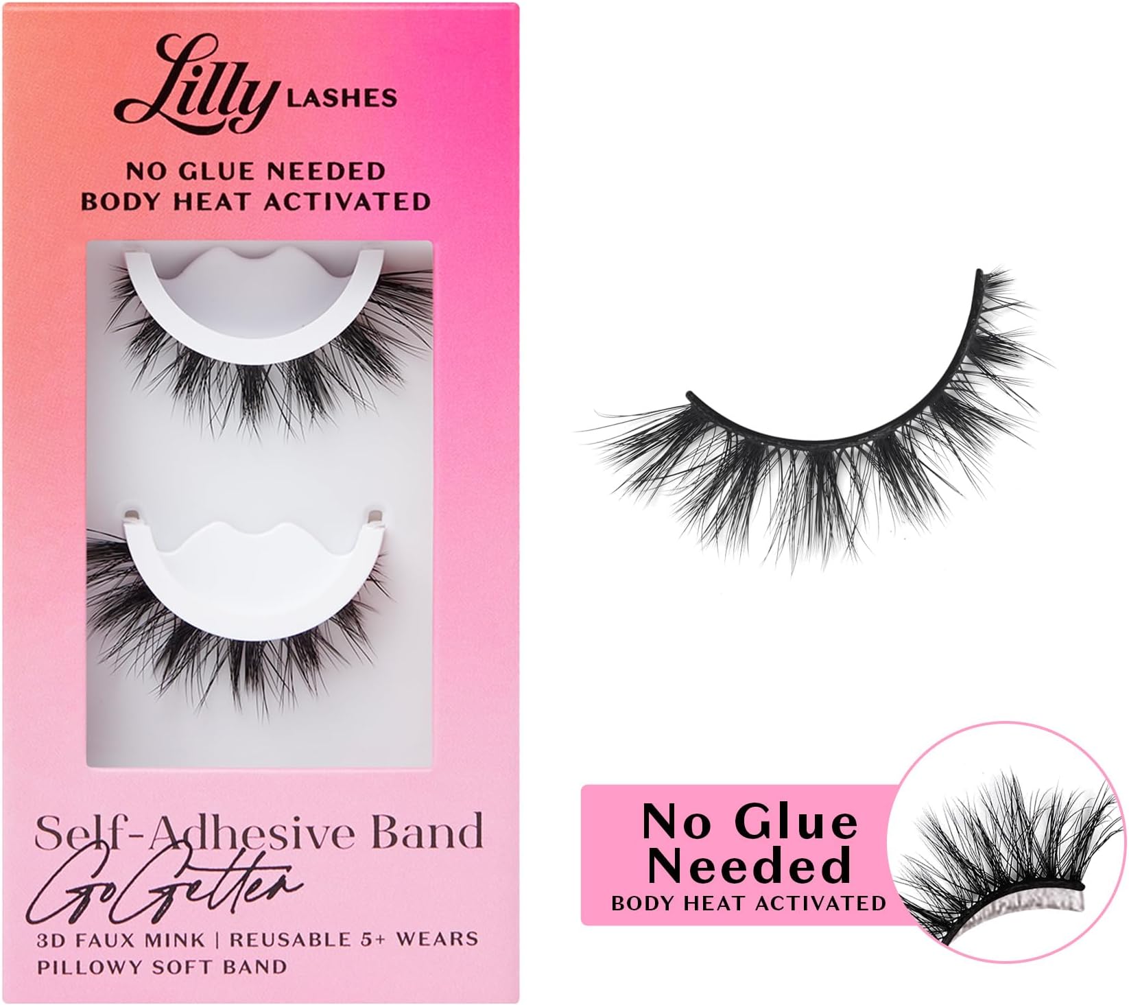 Lilly Lashes 3D Self Adhesive Eyelashes, No Lash Glue Needed, Body Heat Activated Press on Lashes, Reusable Self Adhesive Eyelashes Up to 5x, Easy to Apply & Remove (GoGetter)
