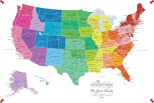 Colorido lienzo enrollado de EE. UU. | Mapa de viaje personalizado con pines para marcar viajes | 24 x 36 pulgadas – 4 tamaños | El mejor regalo