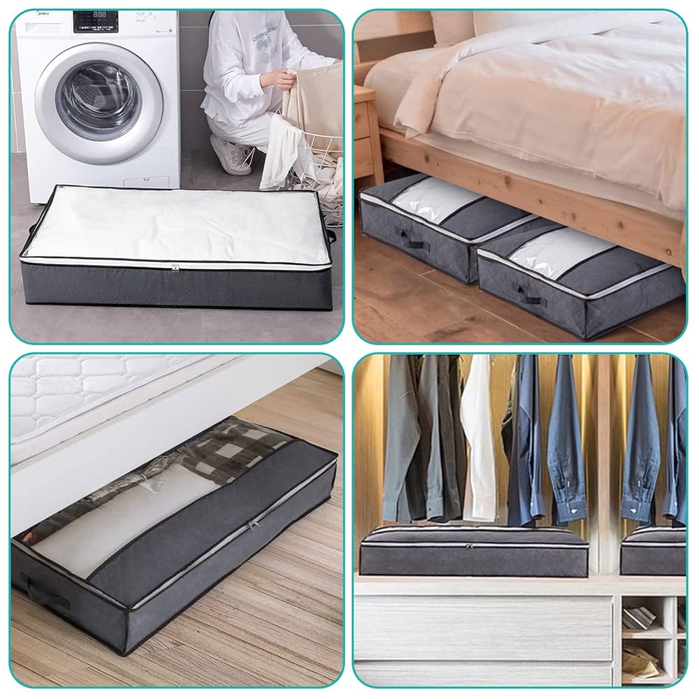 Sacchetti Sotto Il Letto Omygarden - 2 Pezzi 100x50x15 Cm, Grigio, Per Coperte E Vestiti, Coperchio Trasparente