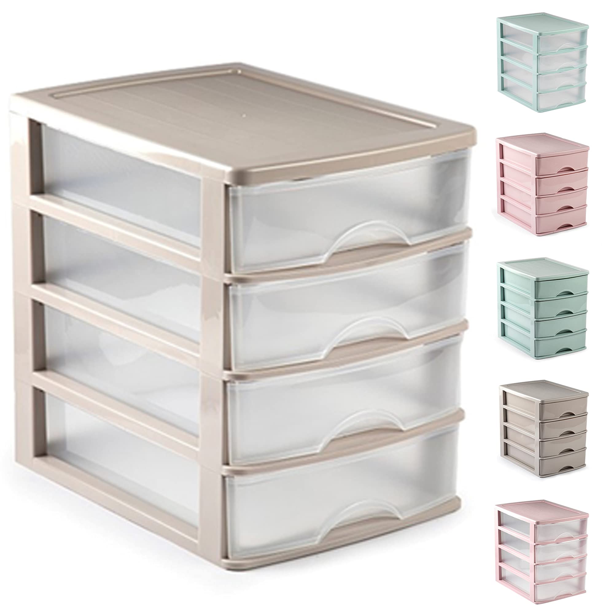 Plastific (35.5 X 27 X 35Cm - Taupe With 4 Clear Drawers) Plastic Desktop Storage Unit With Drawers, Stationary Arts Drawer Desktop Tabletop Organiser Storage Tower Unit For Office Bedroom Garage ((35.5 X 27 X 35Cm - Taupe With 4 Clear Drawers))