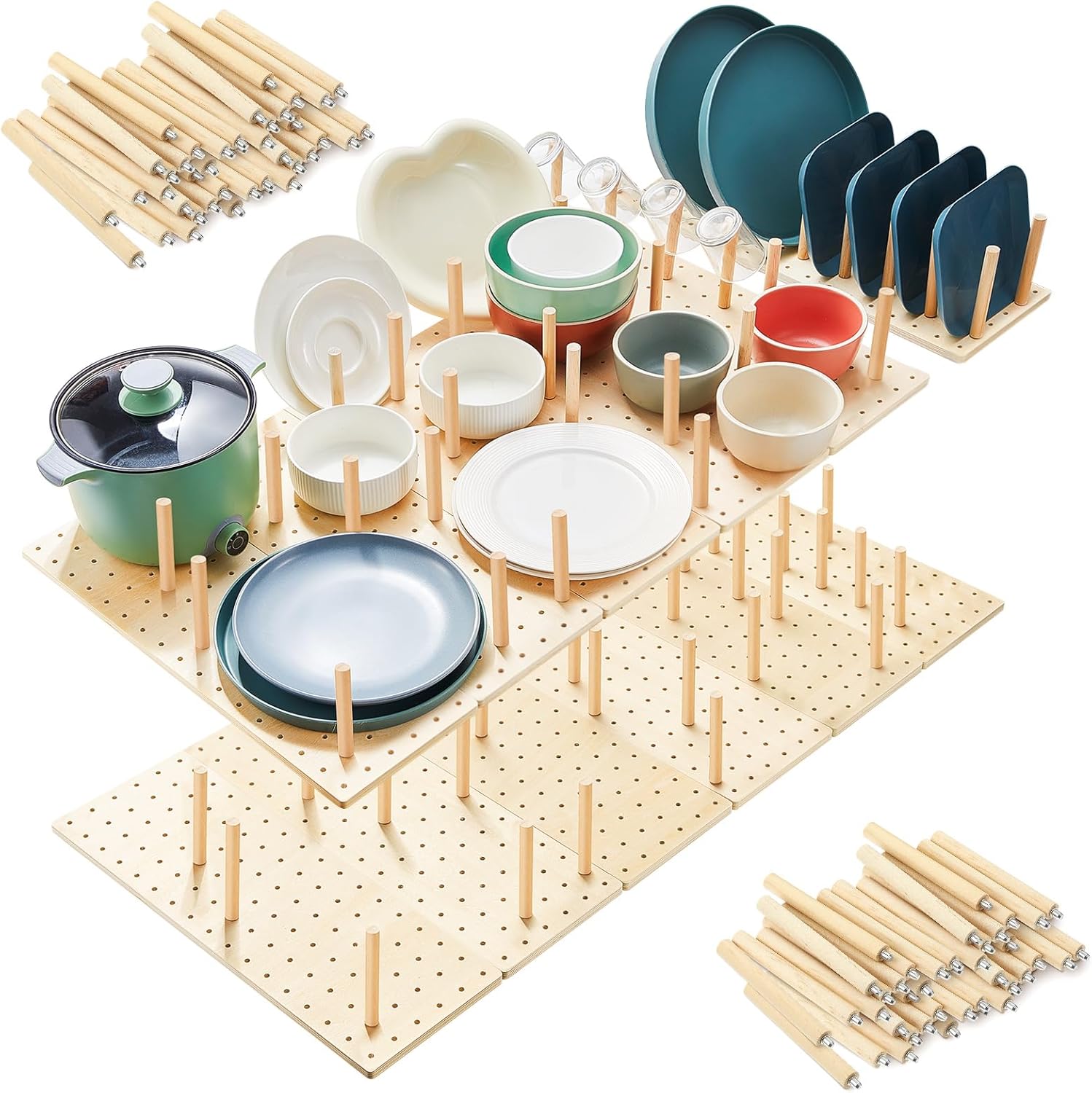 Kigley 12 Pcs Pegboard Drawer Organizer with 96 Drawer Peg Wood Peg Board Wooden Kitchen Plate Organizer for Dishes Food Containers Cookware Utensils(21 Inch,Wood Color)