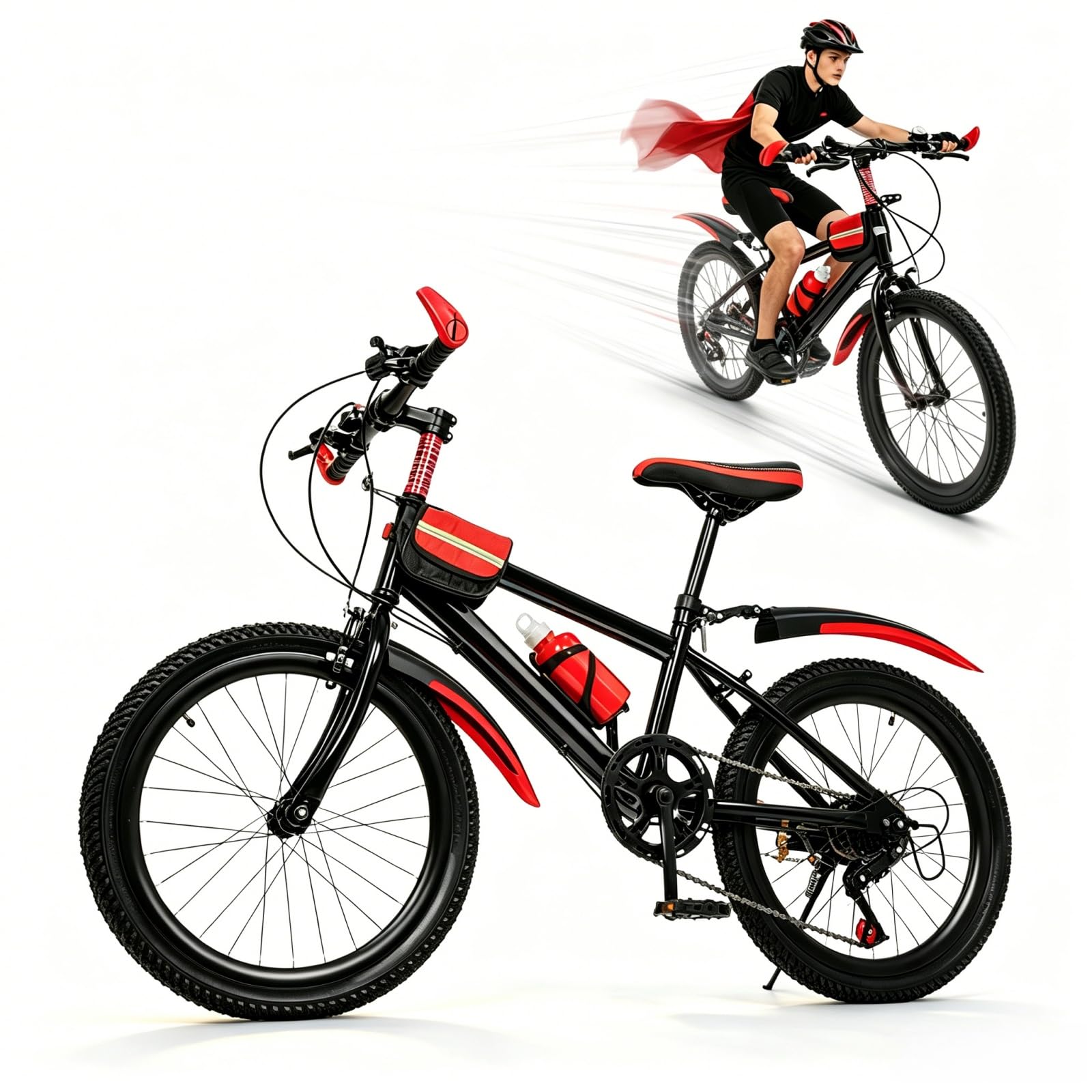 20 Zoll Mountainbike, 7-Gang Kinder Höhenverstellbar mit Klemmbremse und Haltebremse, Fahrräder mit Wasserbecher-Halter und Kompass-Glocke für Straßen, Bergige Gebiete