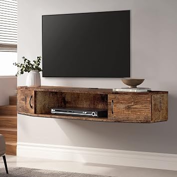 FITUEYES Floating TV Stand Wood Media Console, 4 Shelves, Wall Mounted, Vintage Design, Wire Management, Stable, Easy Installation