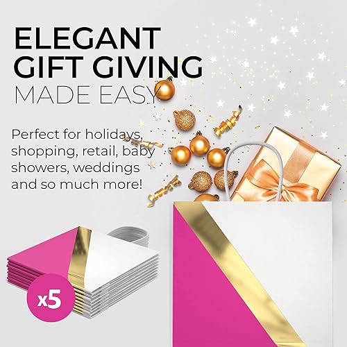 Miniatura 6 de HOUMY Bolsas de regalo de papel de diseñador con asas, diseño de rayas doradas reflectantes, base reforzada, caja de regalo de lujo para bodas,